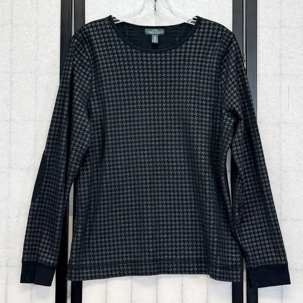 LRL Lauren Jeans Co Burnout Houndstooth Scoop Neck Tee Top XL Black Grey